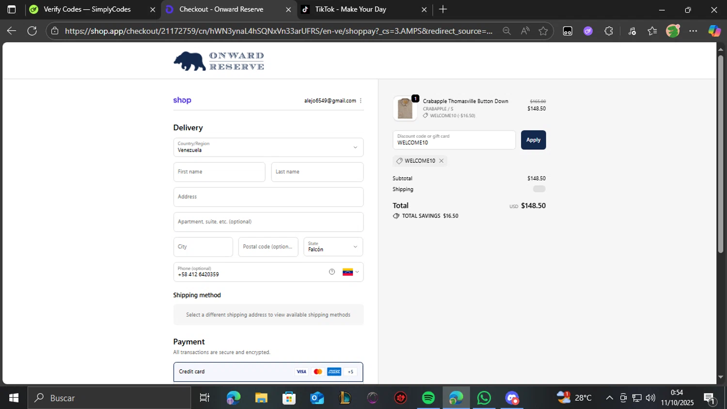 Onward Reserve discount code screenshot showing code WELCOME10 applied at Onward Reserve checkout page. Uploaded by SimplyCodes community member pedrolol on Oct 11, 2025