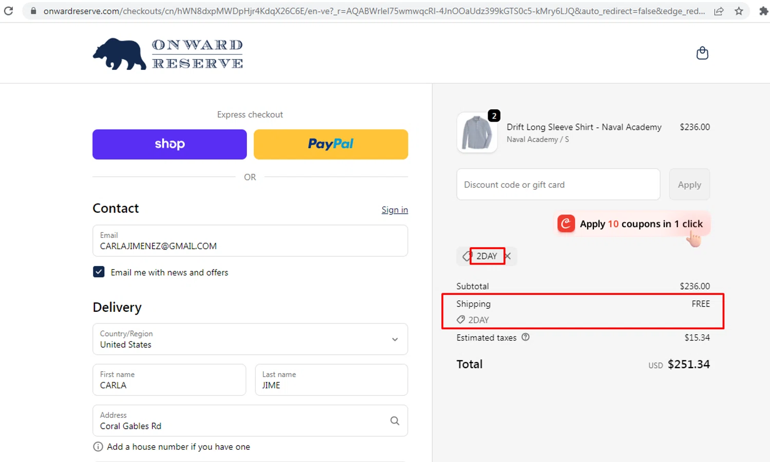 Onward Reserve discount code screenshot showing code 2DAY applied at Onward Reserve checkout page. Uploaded by SimplyCodes community member nileskamarcano on Feb 11, 2026