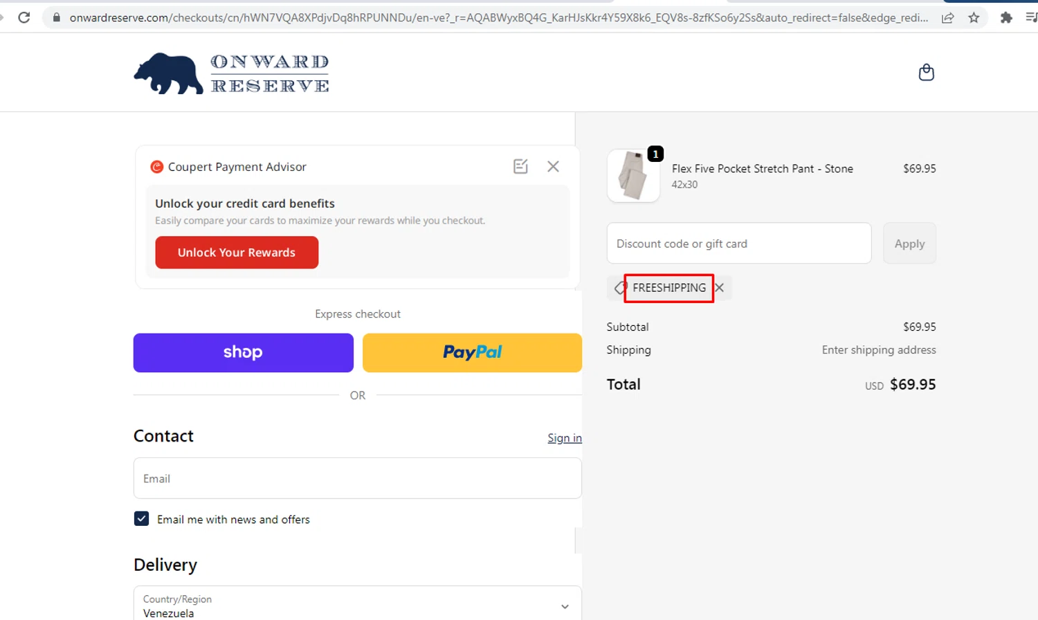 Onward Reserve discount code screenshot showing code FREESHIPPING applied at Onward Reserve checkout page. Uploaded by SimplyCodes community member nileskamarcano on Jan 12, 2026