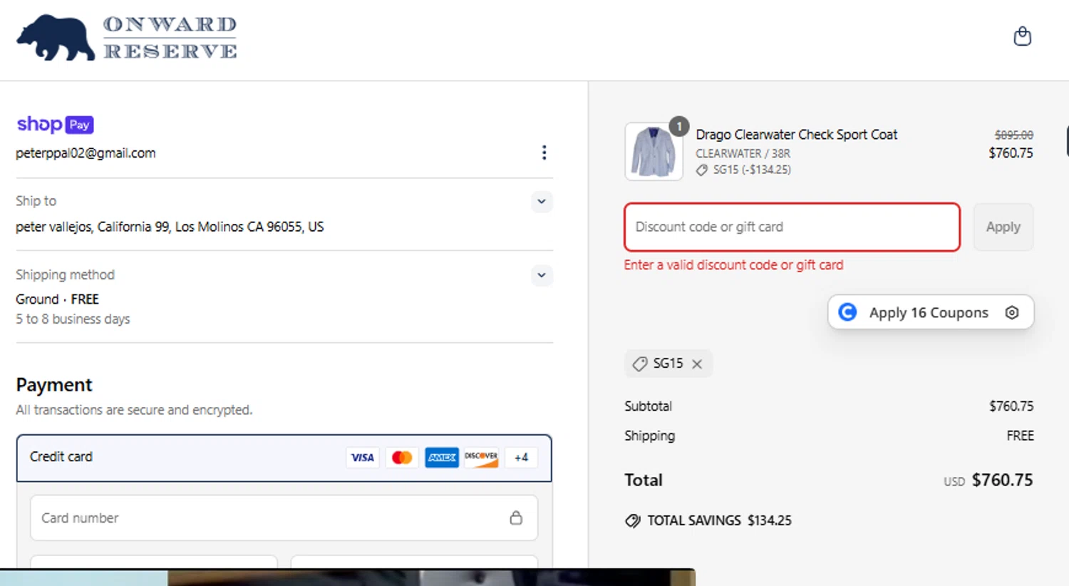 Onward Reserve discount code screenshot showing code SG15 applied at Onward Reserve checkout page. Uploaded by SimplyCodes community member ricardoramirez1 on May 28, 2025