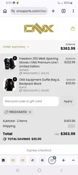 ONX Sports coupon verification screenshot