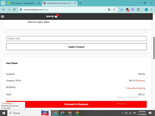 On Your 6 Designs checkout page showing On Your 6 Designs promo code box | Screenshot taken by SimplyCodes community member on Jun 19, 2025
