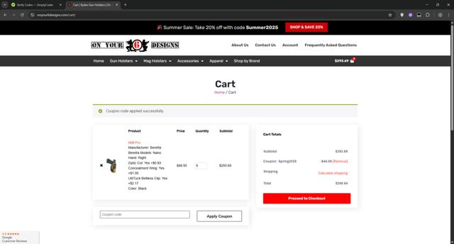 On Your 6 Designs checkout page showing On Your 6 Designs promo code box | Screenshot taken by SimplyCodes community member on Jul 18, 2025