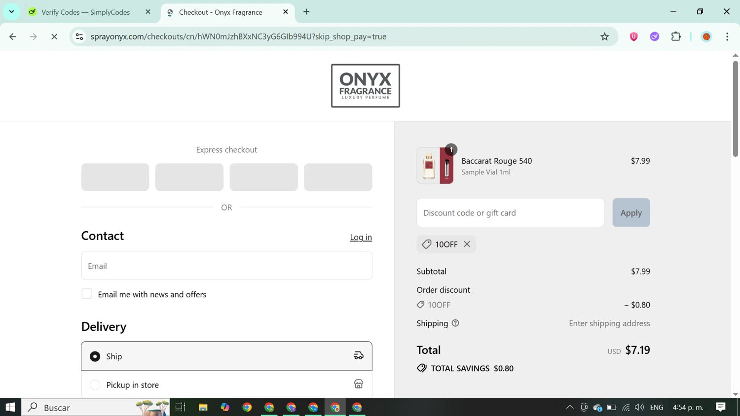 Onyx Fragrance promo code screenshot showing code 10OFF applied at Onyx Fragrance checkout page. Uploaded by SimplyCodes community member ABUSAMADRES_ on Jul 18, 2025