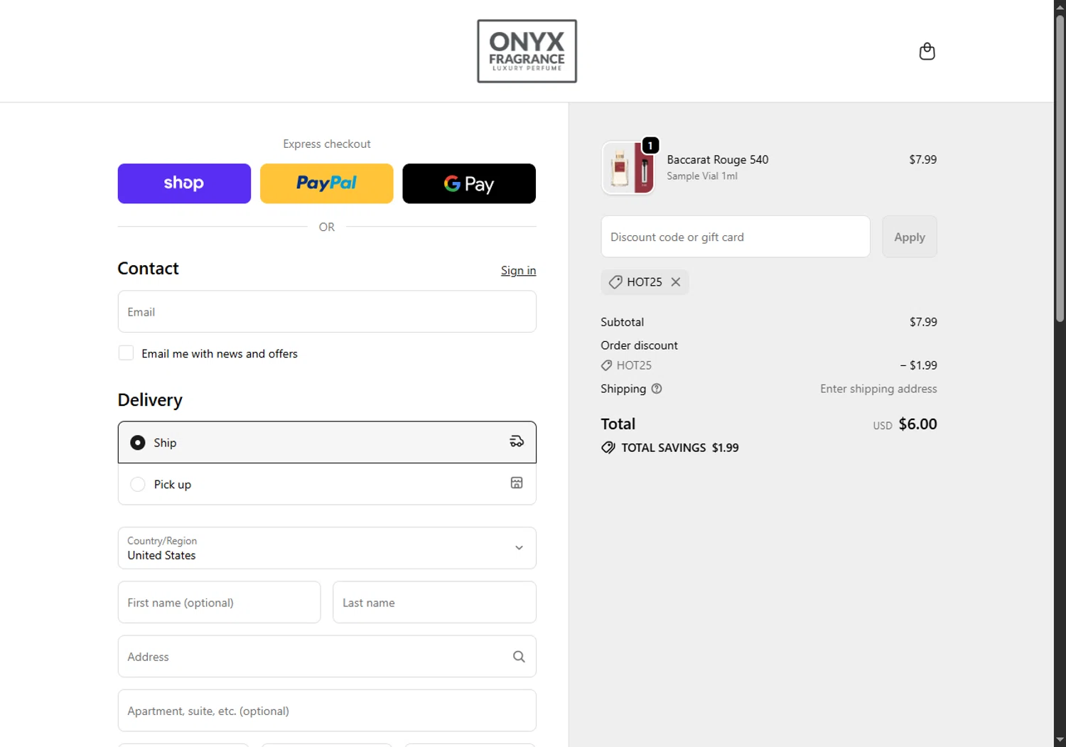 Onyx Fragrance promo code screenshot showing code HOT25 applied at Onyx Fragrance checkout page. Uploaded by SimplyCodes community member Leannysv7lla on Oct 22, 2025
