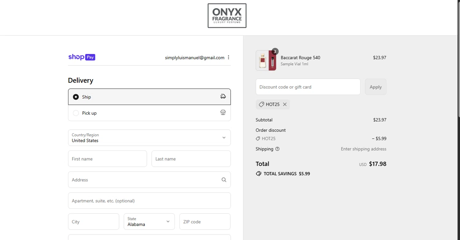 Onyx Fragrance promo code screenshot showing code HOT25 applied at Onyx Fragrance checkout page. Uploaded by SimplyCodes community member WoskalRevenge on Aug 9, 2025