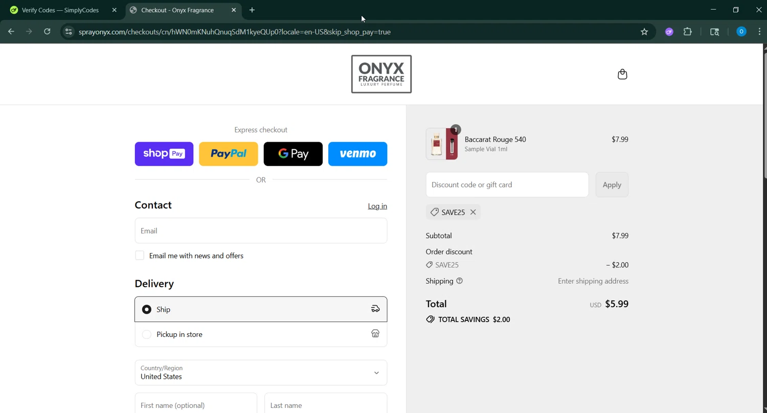 Onyx Fragrance promo code screenshot showing code SAVE25 applied at Onyx Fragrance checkout page. Uploaded by SimplyCodes community member GoldAdmiral5202 on Jul 18, 2025