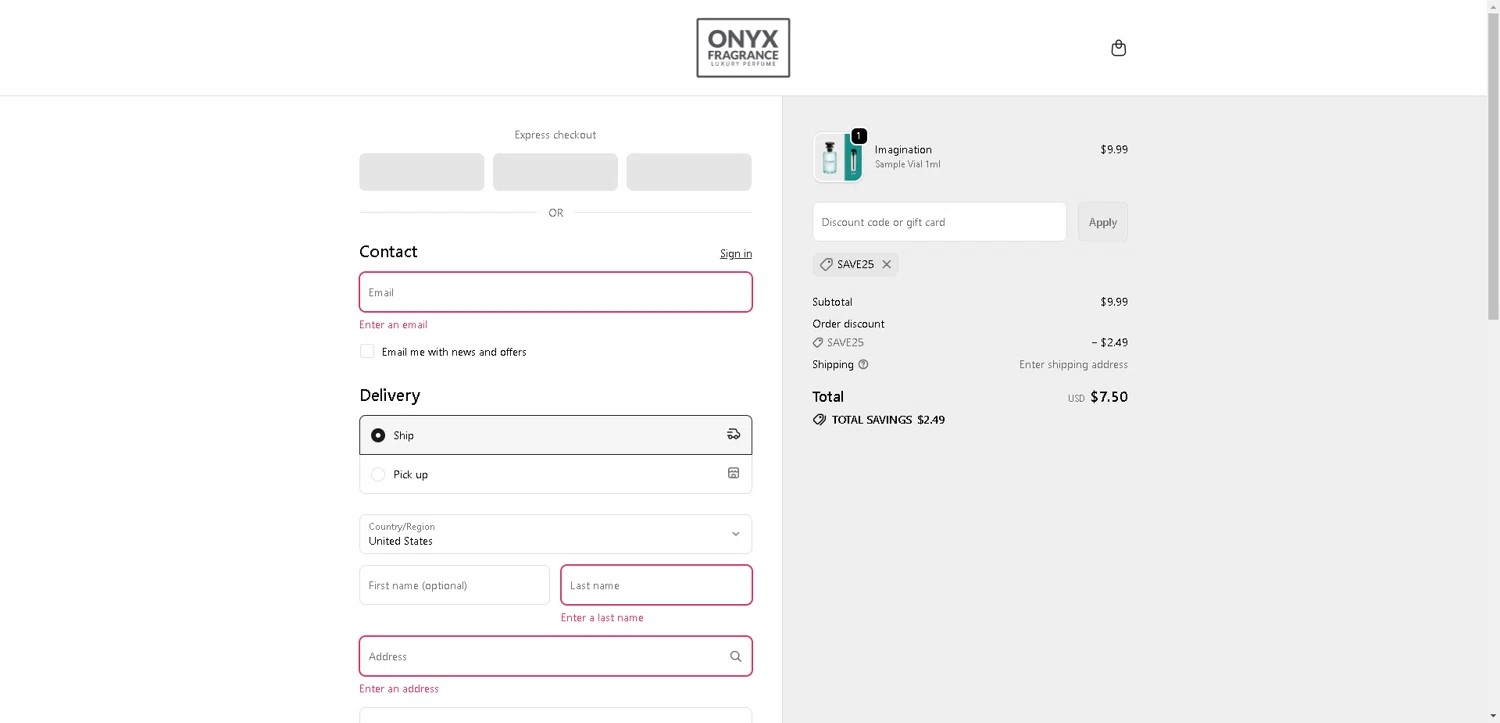 Onyx Fragrance promo code screenshot showing code SAVE25 applied at Onyx Fragrance checkout page. Uploaded by SimplyCodes community member aver_136263192 on Oct 22, 2025