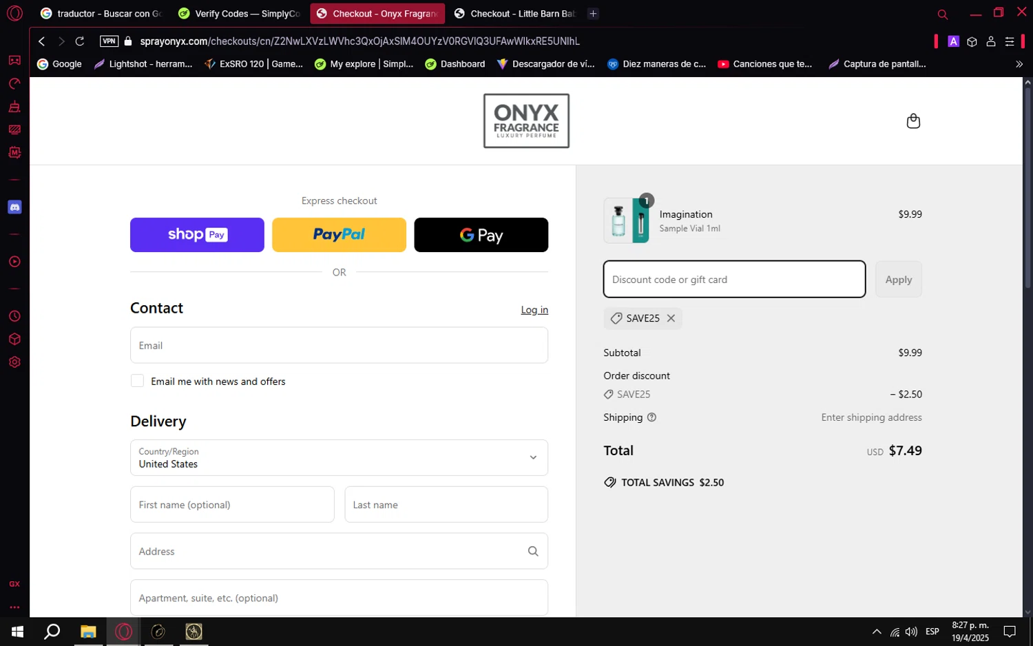 Onyx Fragrance promo code screenshot showing code SAVE25 applied at Onyx Fragrance checkout page. Uploaded by SimplyCodes community member PrimeVirtuoso9679 on Apr 20, 2025