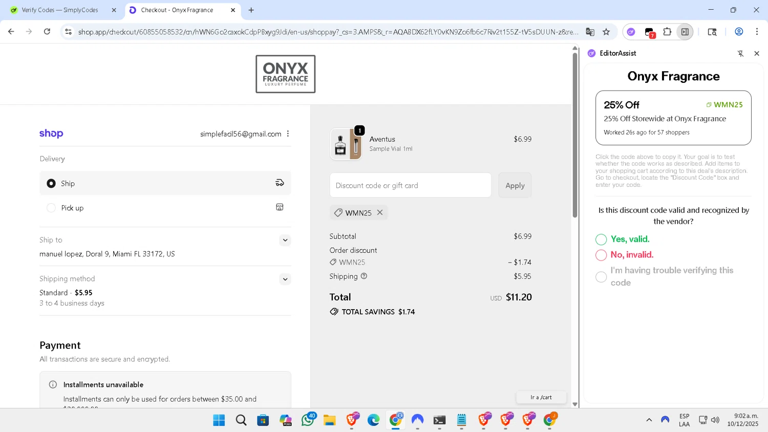Onyx Fragrance promo code screenshot showing code WMN25 applied at Onyx Fragrance checkout page. Uploaded by SimplyCodes community member NobleLegend6162 on Dec 10, 2025