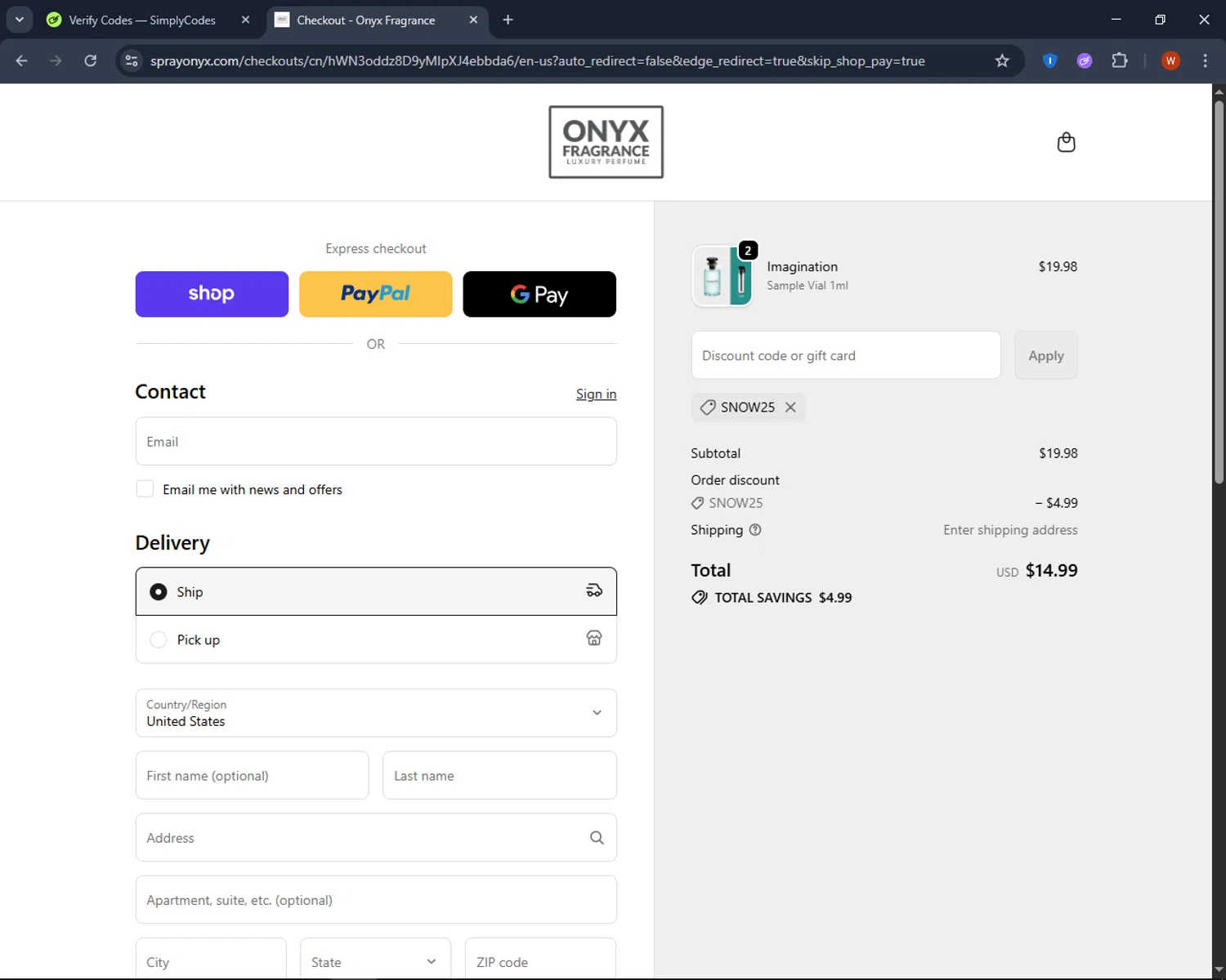 Onyx Fragrance promo code screenshot showing code snow25 applied at Onyx Fragrance checkout page. Uploaded by SimplyCodes community member CashPro9699 on Oct 6, 2025