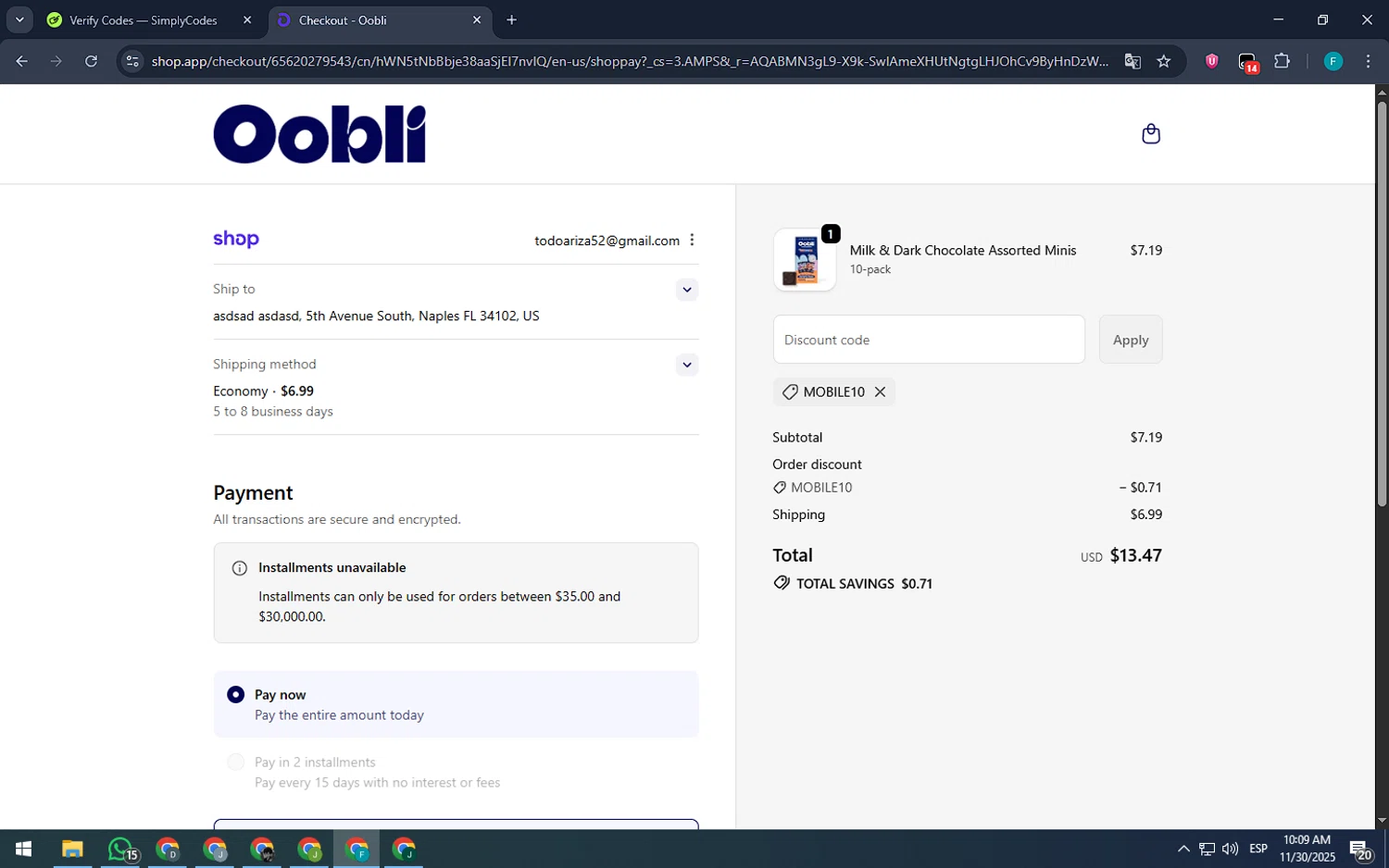 Oobli discount code screenshot showing code mobile10 applied at Oobli checkout page. Uploaded by SimplyCodes community member ArizaJuan on Nov 30, 2025