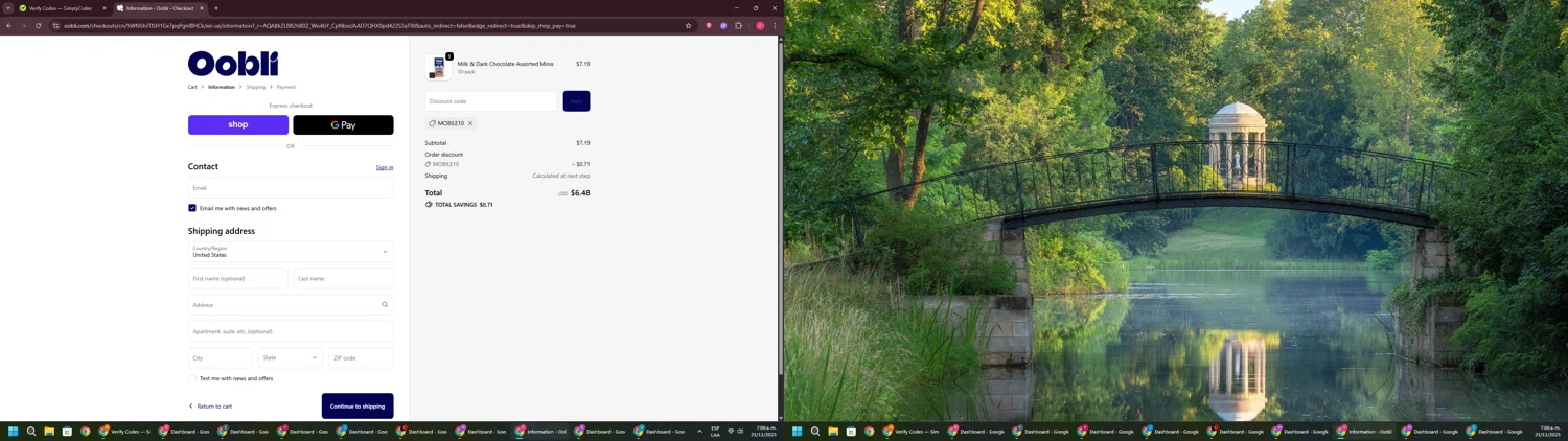 Oobli discount code screenshot showing code mobile10 applied at Oobli checkout page. Uploaded by SimplyCodes community member CouponSage7331 on Nov 25, 2025