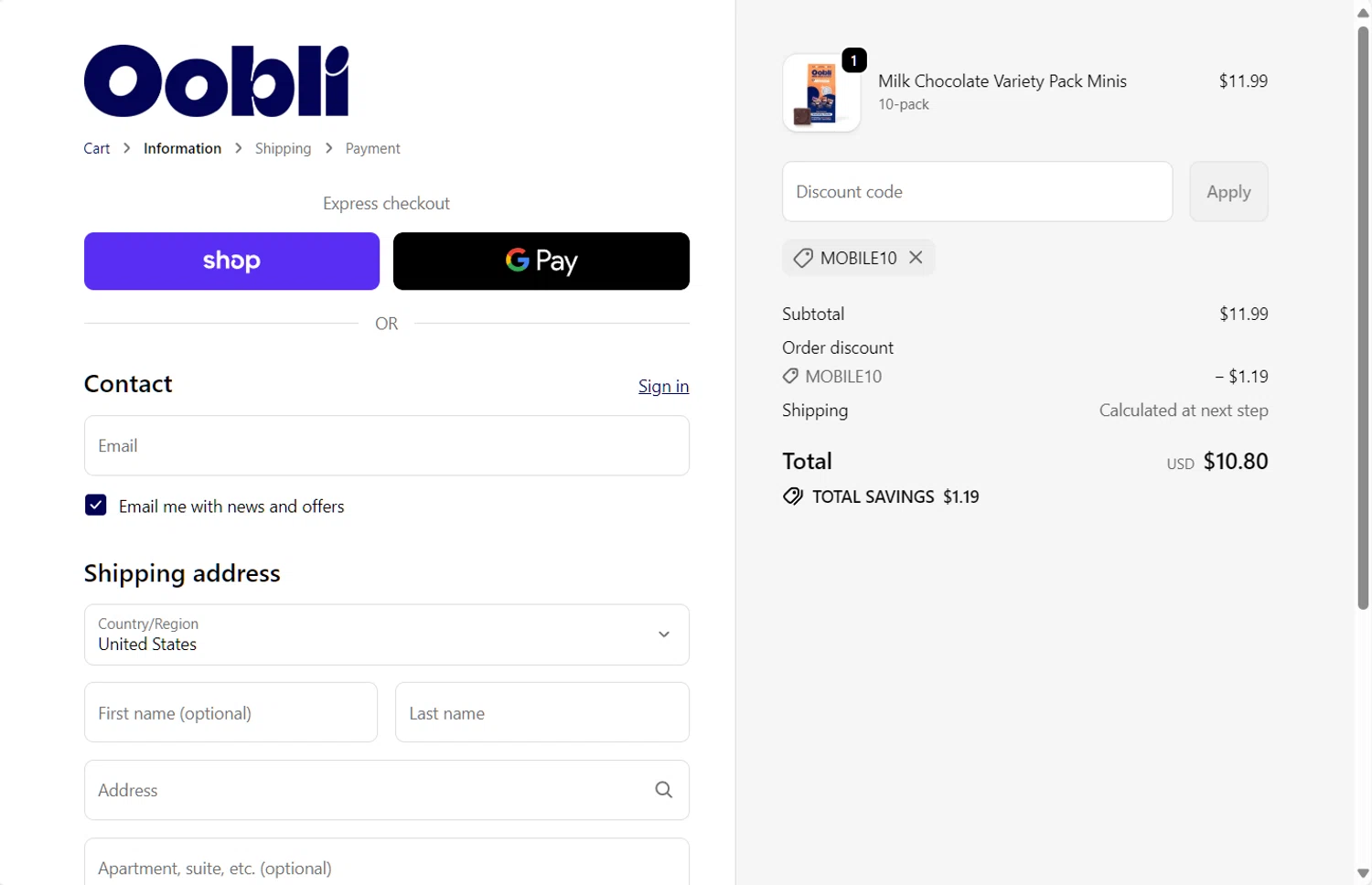 Oobli discount code screenshot showing code mobile10 applied at Oobli checkout page. Uploaded by SimplyCodes community member holasfosi on Oct 19, 2025