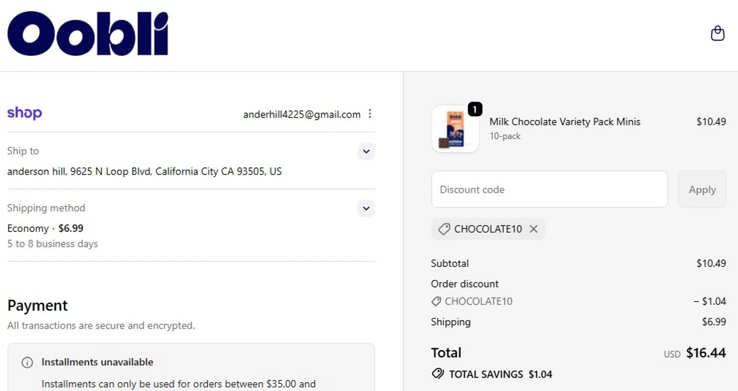 Oobli discount code screenshot showing code CHOCOLATE10 applied at Oobli checkout page. Uploaded by SimplyCodes community member Elcompa on Nov 25, 2025