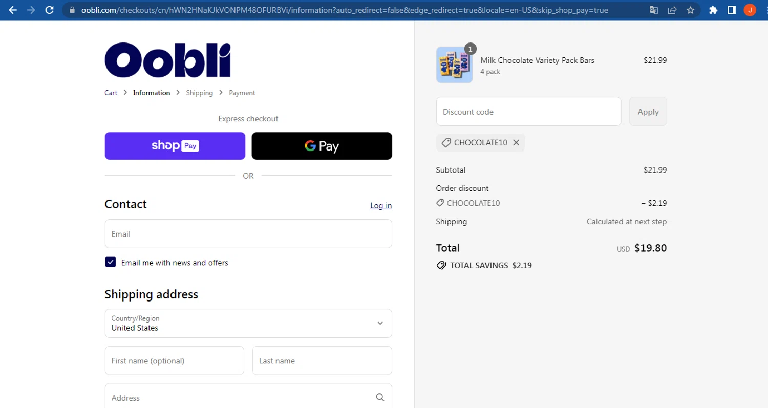 Oobli discount code screenshot showing code CHOCOLATE10 applied at Oobli checkout page. Uploaded by SimplyCodes community member FranquizJoel on Aug 27, 2025