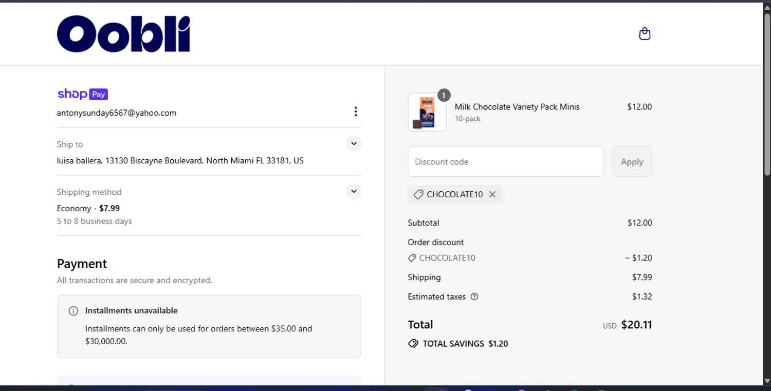 Oobli discount code screenshot showing code CHOCOLATE10 applied at Oobli checkout page. Uploaded by SimplyCodes community member Lamadama on Jul 4, 2025