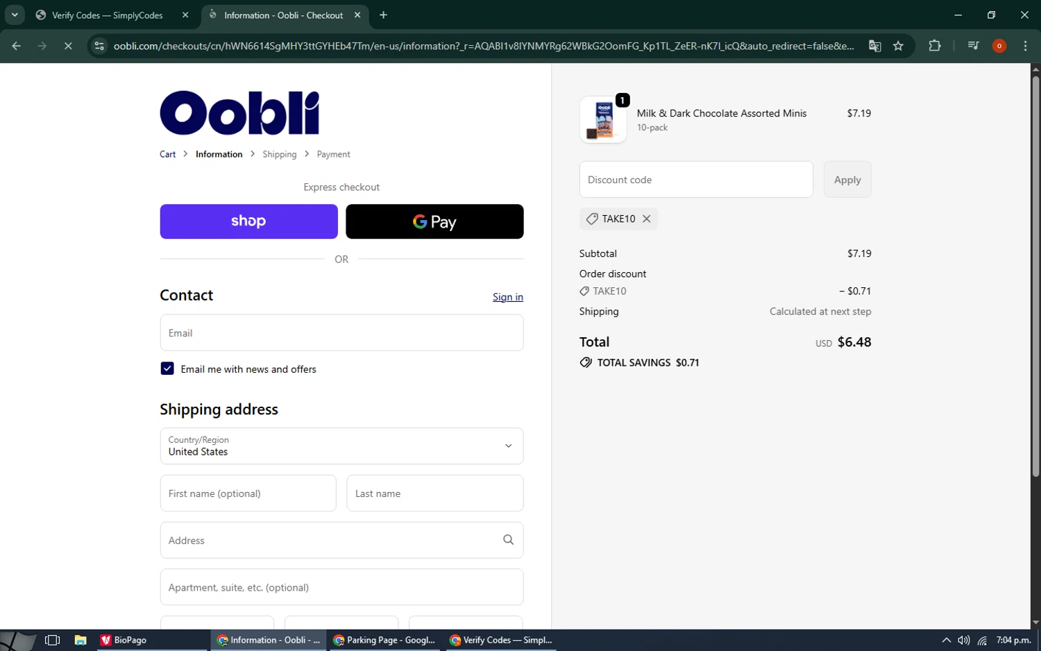 Oobli discount code screenshot showing code Take10 applied at Oobli checkout page. Uploaded by SimplyCodes community member CashAdmiral6490 on Dec 5, 2025