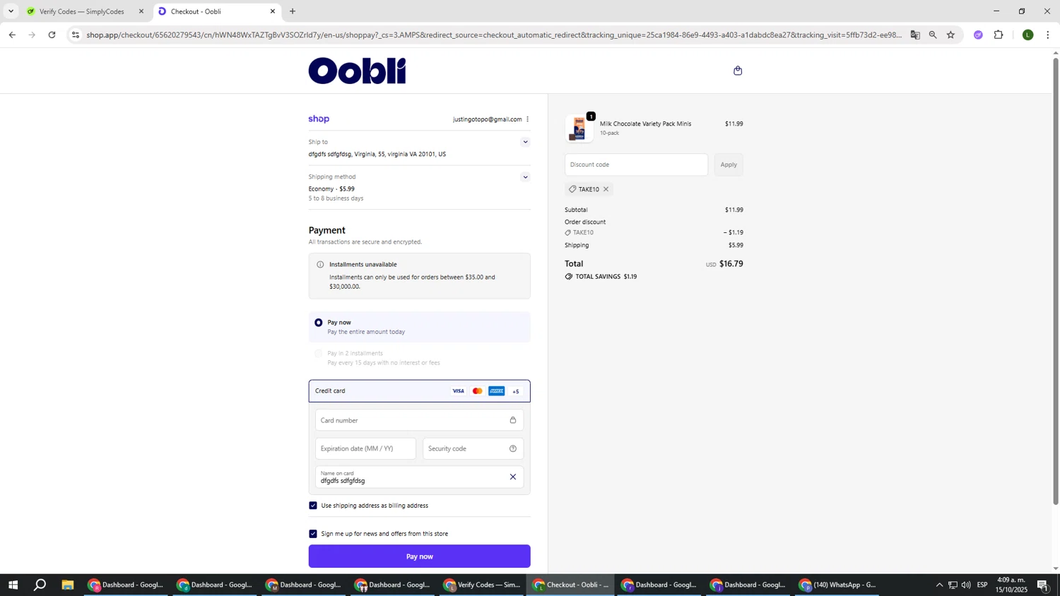 Oobli discount code screenshot showing code Take10 applied at Oobli checkout page. Uploaded by SimplyCodes community member DUCATI on Oct 15, 2025
