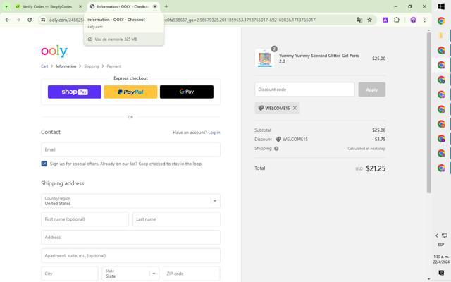 OOLY checkout page showing OOLY discount code box | Screenshot taken by SimplyCodes community member on Apr 22, 2024