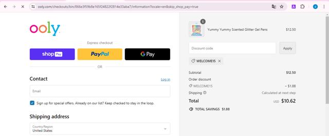OOLY checkout page showing OOLY discount code box | Screenshot taken by SimplyCodes community member on Jun 7, 2024
