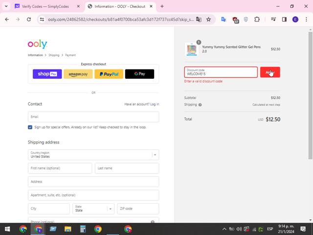 OOLY checkout page showing OOLY discount code box | Screenshot taken by SimplyCodes community member on Jan 22, 2024