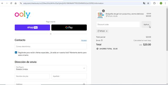 OOLY checkout page showing OOLY discount code box | Screenshot taken by SimplyCodes community member on Aug 22, 2024