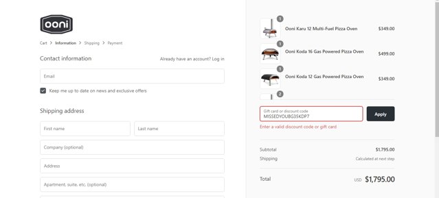 Ooni checkout page showing Ooni discount code box | Screenshot taken by SimplyCodes community member on Mar 30, 2021