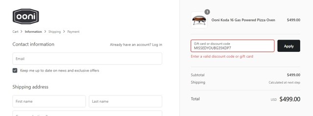 Ooni checkout page showing Ooni discount code box | Screenshot taken by SimplyCodes community member on Apr 20, 2021