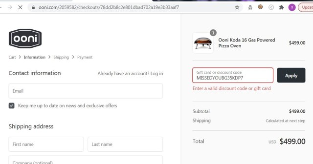 Ooni checkout page showing Ooni discount code box | Screenshot taken by SimplyCodes community member on Mar 28, 2021