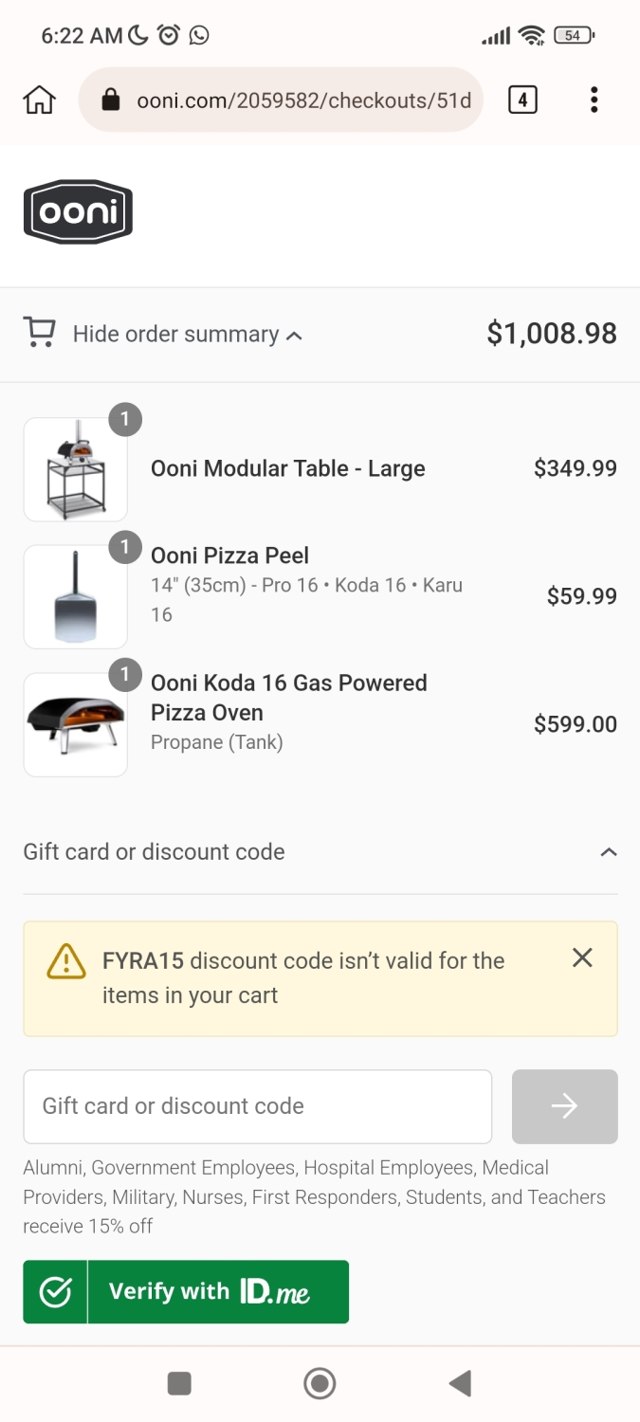 Ooni checkout page showing Ooni discount code box | Screenshot taken by SimplyCodes community member on May 8, 2023