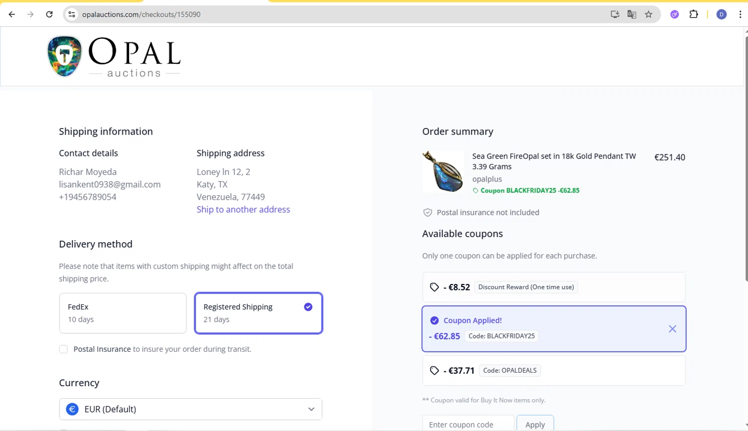 Opal Auctions promo code screenshot showing code BLACKFRIDAY25 applied at Opal Auctions checkout page. Uploaded by SimplyCodes community member d566ty on Dec 16, 2025