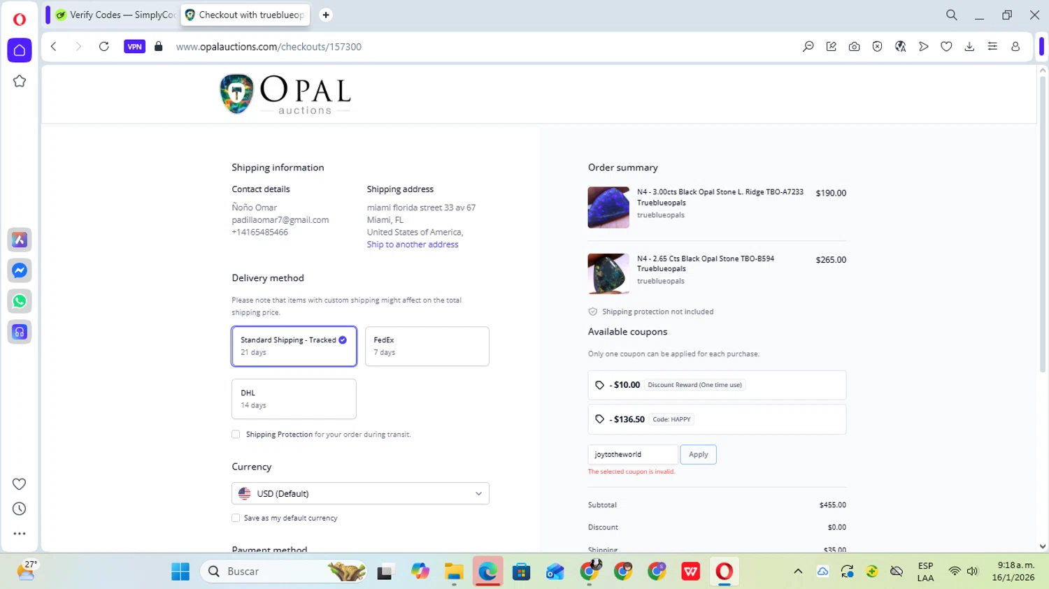 Opal Auctions promo code screenshot showing code joytotheworld applied at Opal Auctions checkout page. Uploaded by SimplyCodes community member YunoMaria on Jan 16, 2026