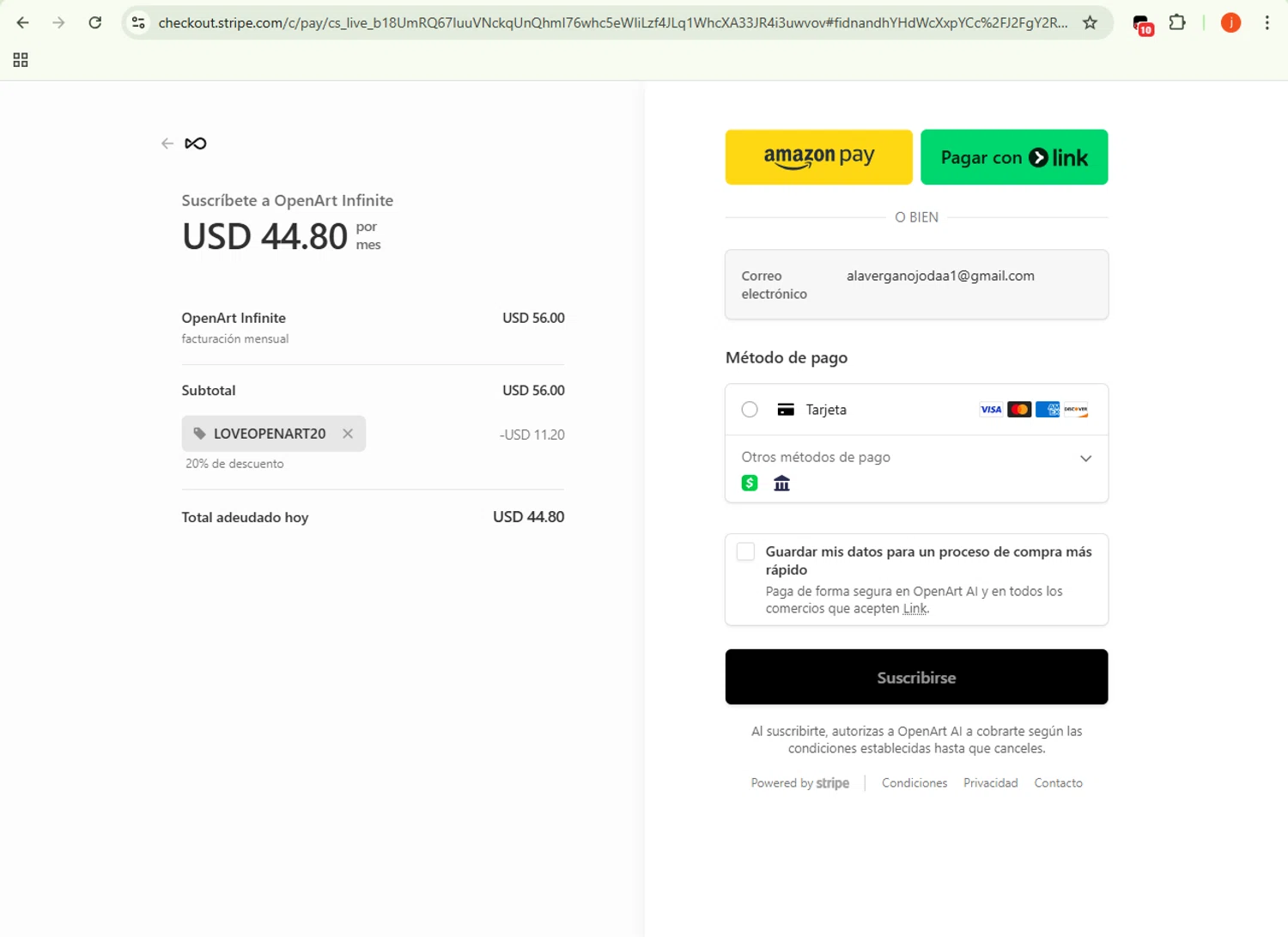 OpenArt promo code screenshot showing code LOVEOPENART20 applied at OpenArt checkout page. Uploaded by SimplyCodes community member WonderSpotter5339 on Nov 14, 2025
