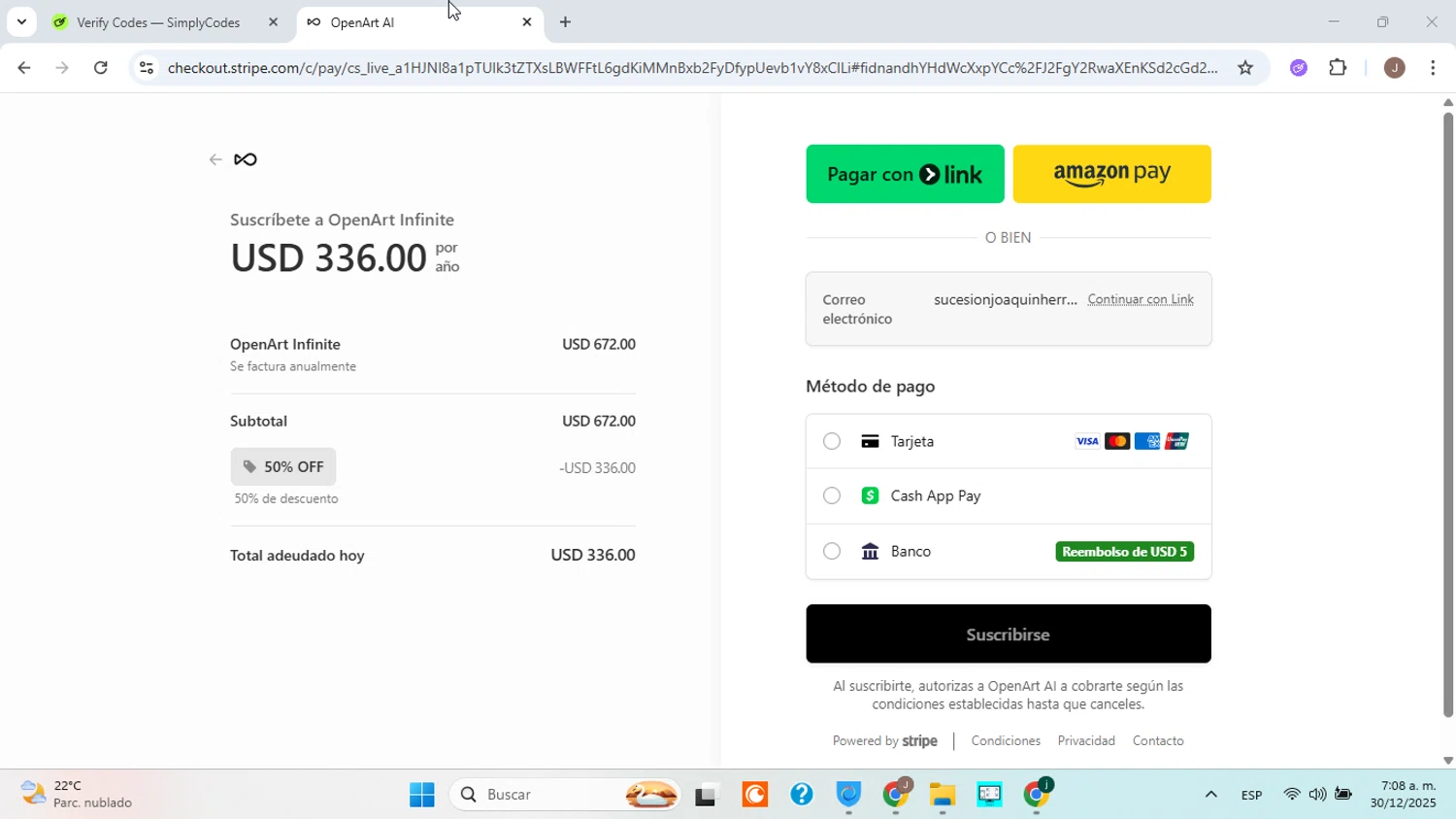 OpenArt promo code screenshot showing code KNOJI15 applied at OpenArt checkout page. Uploaded by SimplyCodes community member ABHF23 on Dec 30, 2025