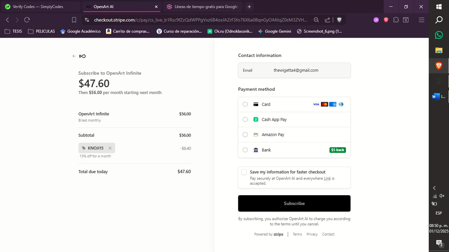 OpenArt promo code screenshot showing code KNOJI15 applied at OpenArt checkout page. Uploaded by SimplyCodes community member xXdevoragoticas69Xx on Dec 2, 2025