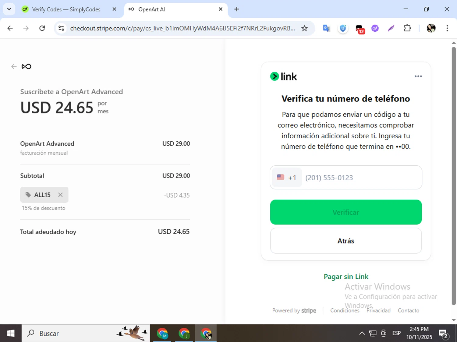 OpenArt promo code screenshot showing code ALL15 applied at OpenArt checkout page. Uploaded by SimplyCodes community member mariapolancog on Oct 11, 2025