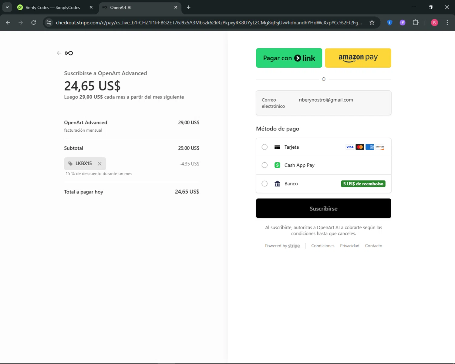 OpenArt promo code screenshot showing code LKBX15 applied at OpenArt checkout page. Uploaded by SimplyCodes community member ThriftyGuardian8485 on Nov 18, 2025