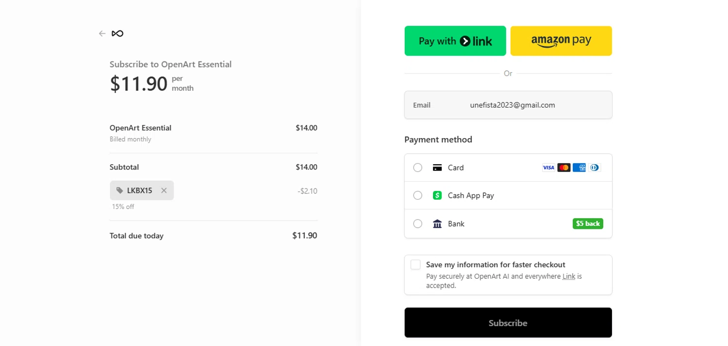 OpenArt promo code screenshot showing code LKBX15 applied at OpenArt checkout page. Uploaded by SimplyCodes community member juanisaac on Oct 20, 2025