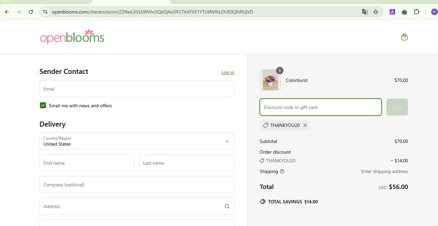 Open Blooms discount code screenshot showing code THANKYOU20 applied at Open Blooms checkout page. Uploaded by SimplyCodes community member FortunateDefender3676 on Mar 27, 2025