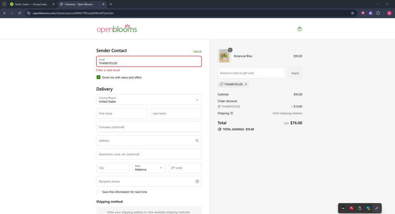 Open Blooms discount code screenshot showing code THANKYOU20 applied at Open Blooms checkout page. Uploaded by SimplyCodes community member TreasureWarden457 on Jul 27, 2025