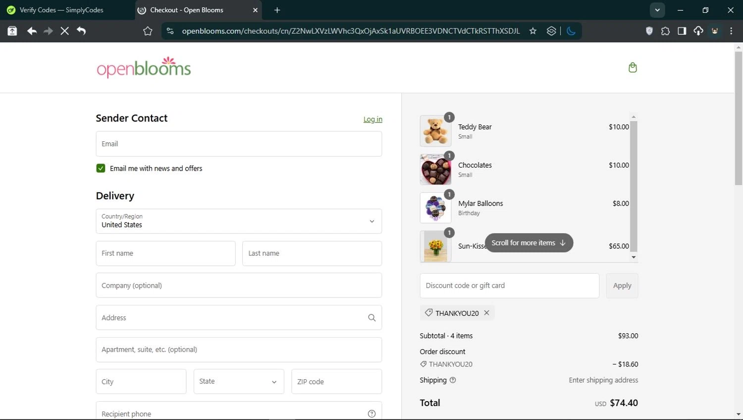Open Blooms discount code screenshot showing code THANKYOU20 applied at Open Blooms checkout page. Uploaded by SimplyCodes community member User_Randon1 on Feb 25, 2025