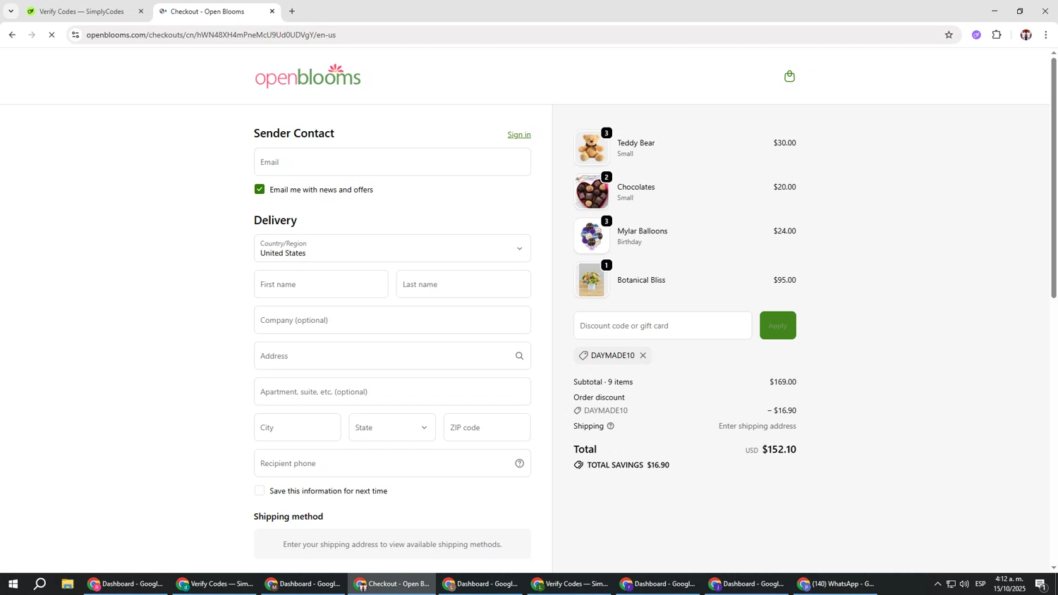 Open Blooms discount code screenshot showing code DAYMADE10 applied at Open Blooms checkout page. Uploaded by SimplyCodes community member Salometta on Oct 15, 2025