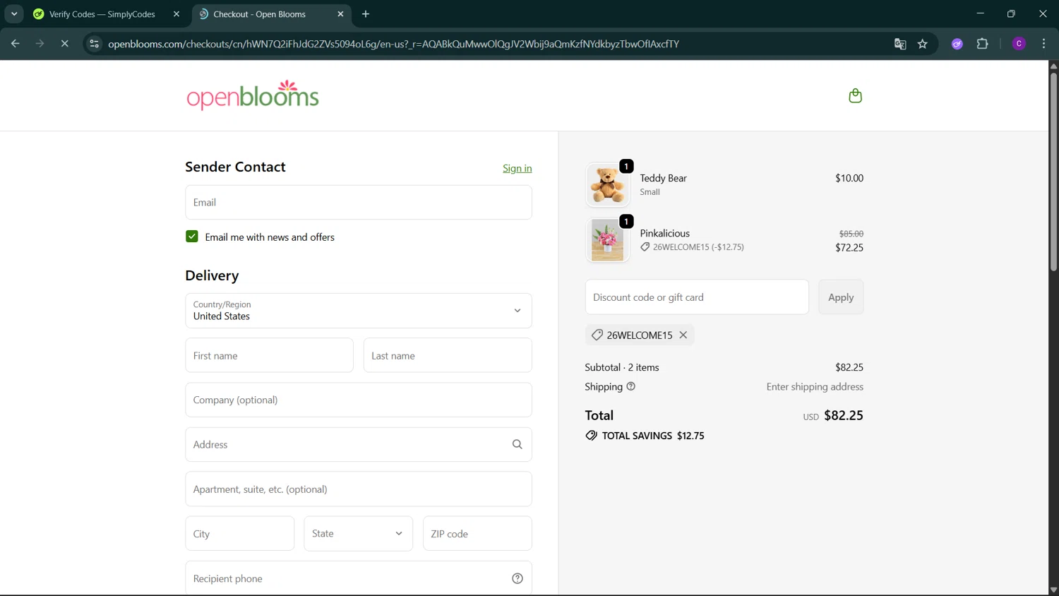 Open Blooms discount code screenshot showing code 26WELCOME15 applied at Open Blooms checkout page. Uploaded by SimplyCodes community member GoldSeeker3096 on Jan 9, 2026
