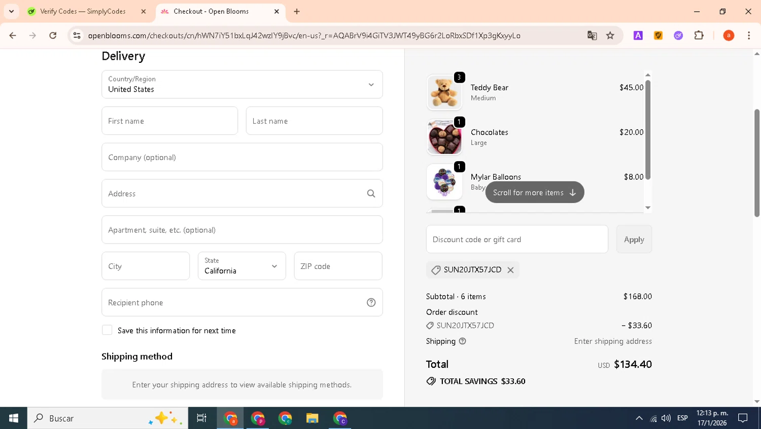 Open Blooms discount code screenshot showing code SUN20JTX57JCD applied at Open Blooms checkout page. Uploaded by SimplyCodes community member bichota on Jan 17, 2026