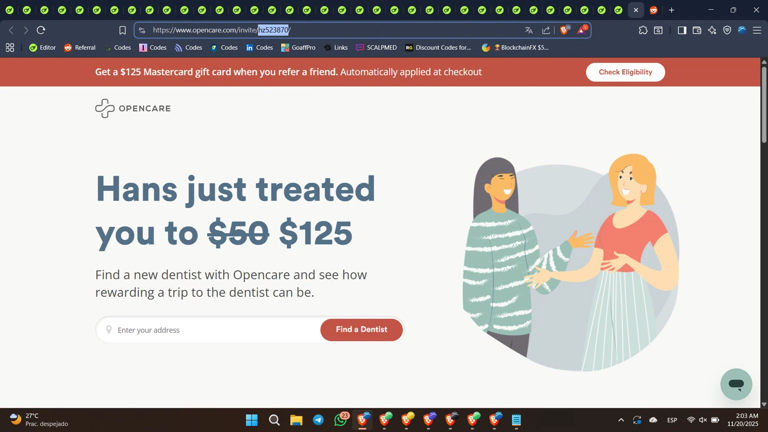 Opencare promo code screenshot showing code hz523870 applied at Opencare checkout page. Uploaded by SimplyCodes community member BabaYaga on Nov 20, 2025
