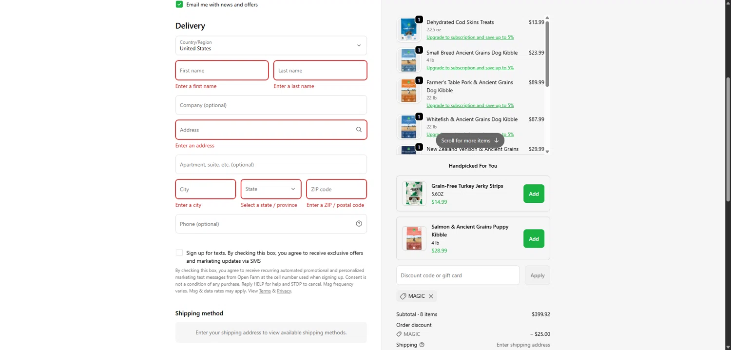 Open Farm discount code screenshot showing code MAGIC applied at Open Farm checkout page. Uploaded by SimplyCodes community member TokenCollector1268 on Dec 26, 2025