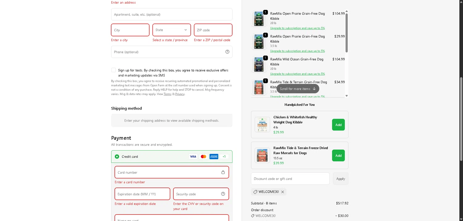Open Farm checkout page showing Open Farm discount code box | Screenshot taken by SimplyCodes community member on Feb 4, 2026