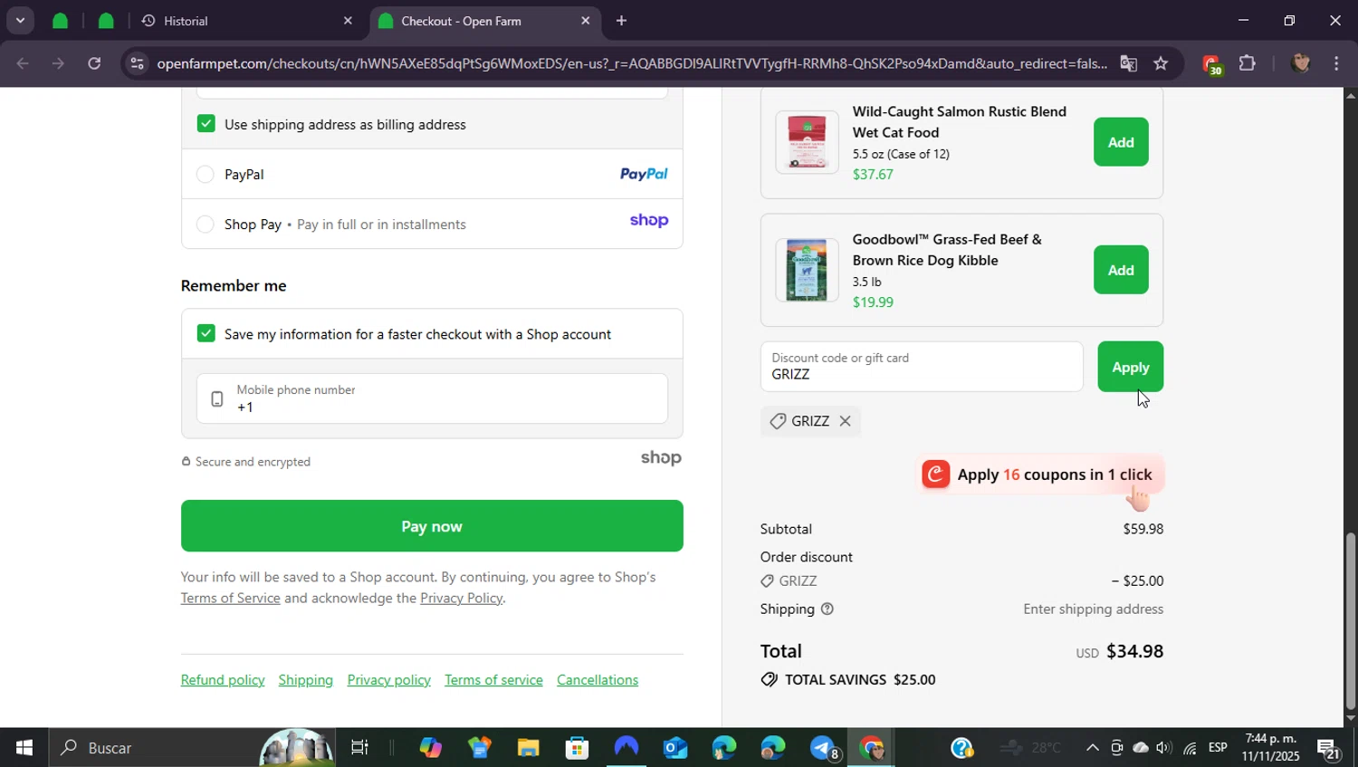 Open Farm discount code screenshot showing code GRIZZ applied at Open Farm checkout page. Uploaded by SimplyCodes community member ShieldEagle9436 on Nov 11, 2025
