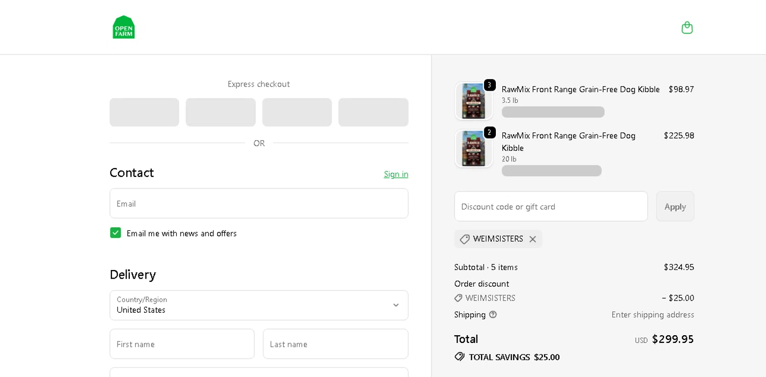 Open Farm discount code screenshot showing code WEIMSISTERS applied at Open Farm checkout page. Uploaded by SimplyCodes community member shark12 on Nov 20, 2025